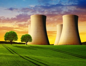 Cooling towers of a nuclear power plant in the sunset.